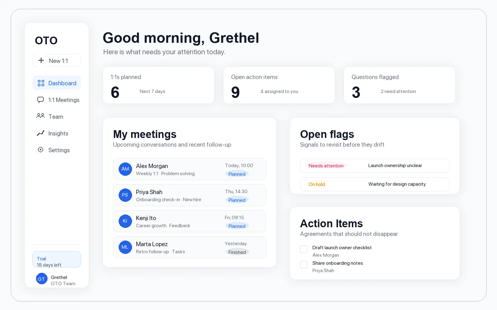 OTO logged-in dashboard showing upcoming 1:1 meetings, open flags, and action items