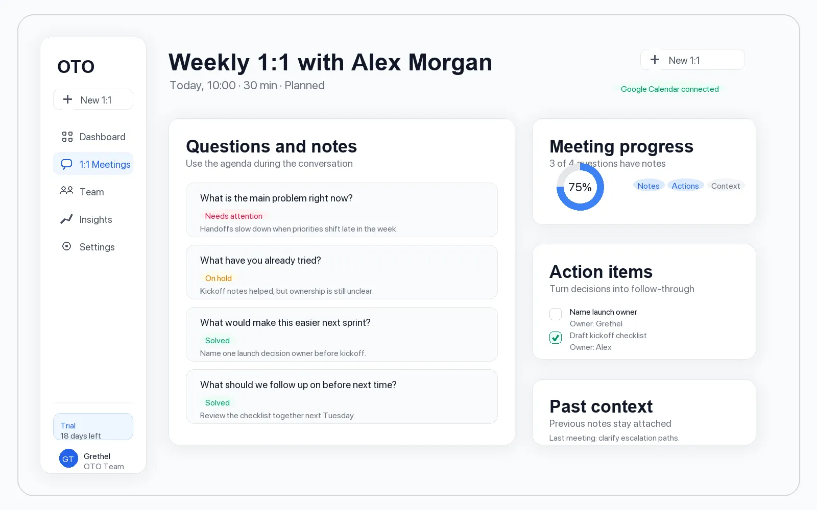 OTO logged-in 1:1 meeting workspace with questions, notes, progress, action items, and past context